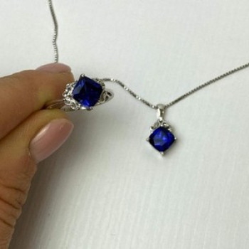925 Sterling Silver London Blue Topaz Ring & Chain With Pendant Set