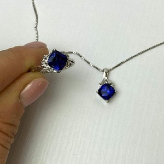 925 Sterling Silver London Blue Topaz Ring & Chain With Pendant Set