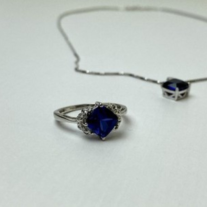 925 Sterling Silver London Blue Topaz Ring & Chain With Pendant Set