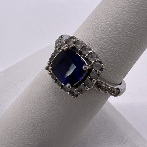 925 Sterling Silver Blue Spinel & White Beryl/Goshenite Ring Size 6.5