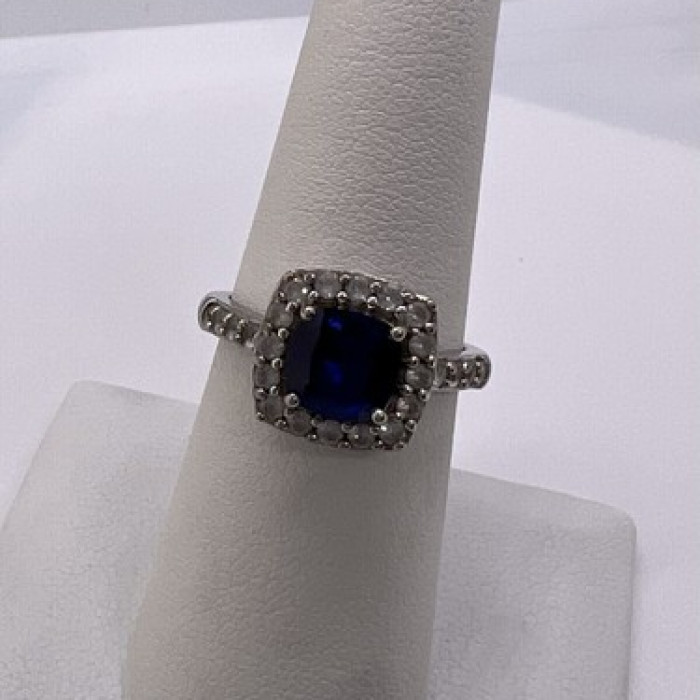 925 Sterling Silver Blue Spinel & White Beryl/Goshenite Ring Size 6.5
