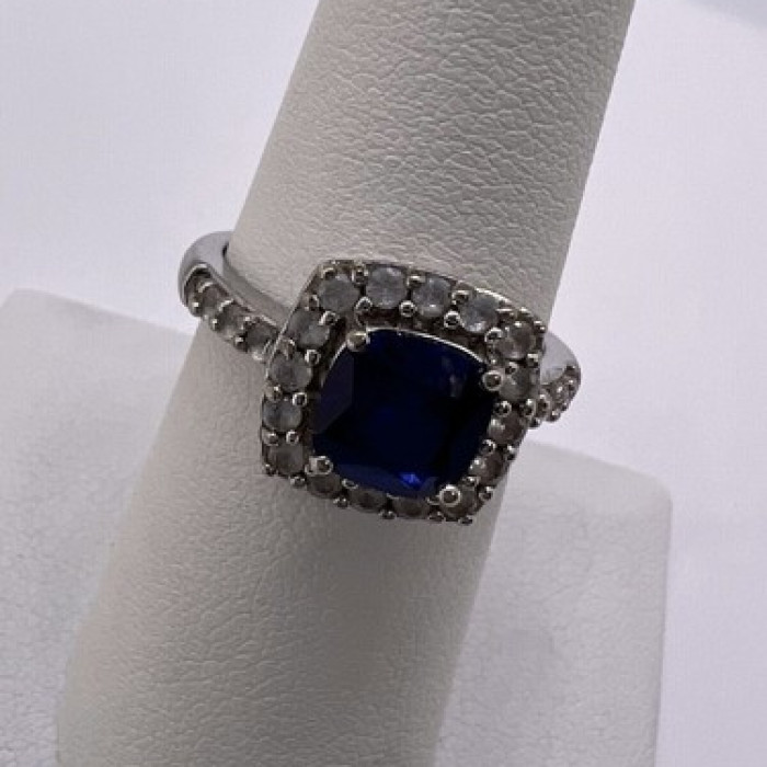 925 Sterling Silver Blue Spinel & White Beryl/Goshenite Ring Size 6.5
