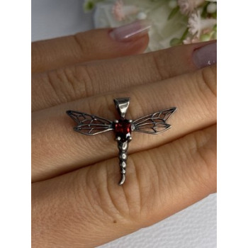 925 Sterling Silver Dragonfly Garnet Pendant Length 0.90 Inch