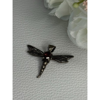 925 Sterling Silver Dragonfly Garnet Pendant Length 0.90 Inch