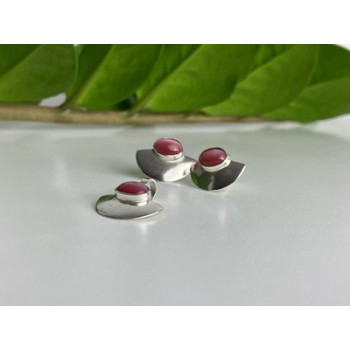 925 Sterling Silver Pink Agate Stud Earrings & Pendant Set