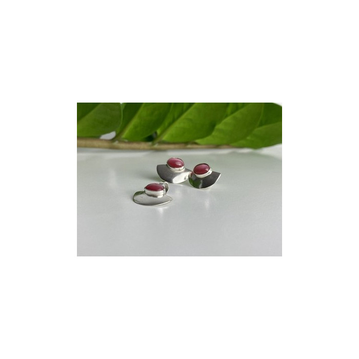 925 Sterling Silver Pink Agate Stud Earrings & Pendant Set