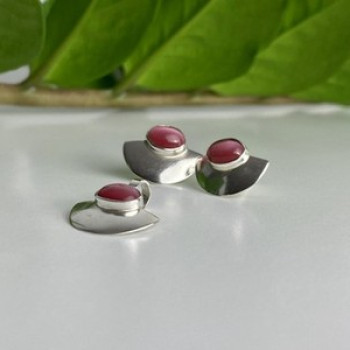 925 Sterling Silver Pink Agate Stud Earrings & Pendant Set