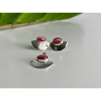 925 Sterling Silver Pink Agate Stud Earrings & Pendant Set