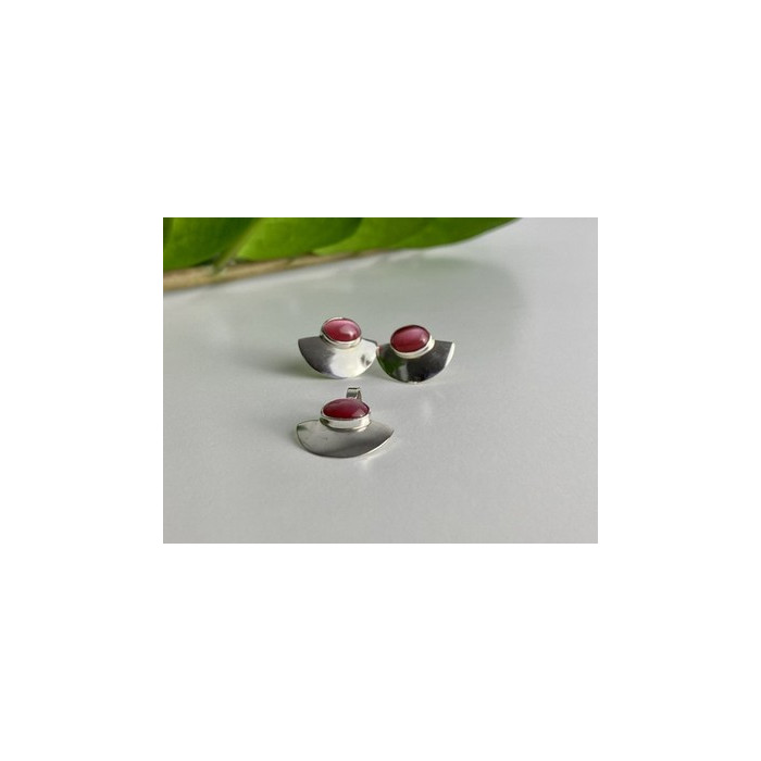 925 Sterling Silver Pink Agate Stud Earrings & Pendant Set