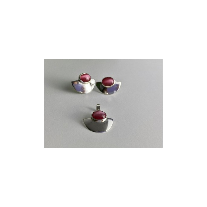 925 Sterling Silver Pink Agate Stud Earrings & Pendant Set