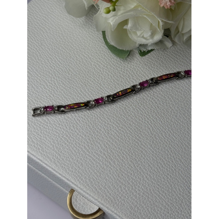 925 Sterling Silver Shiny Opal Pink & White Topaz Bracelet Length 7 Inch