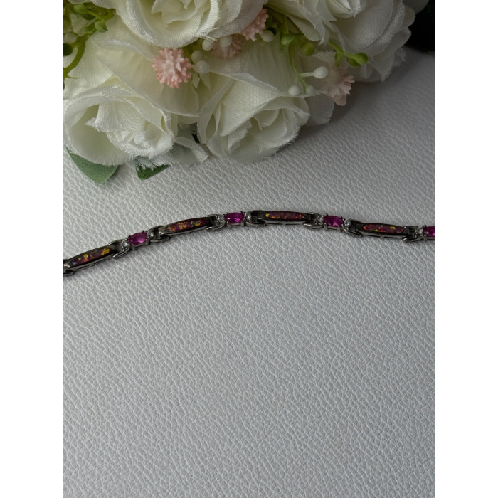 925 Sterling Silver Shiny Opal Pink & White Topaz Bracelet Length 7 Inch
