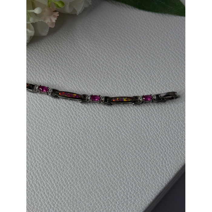 925 Sterling Silver Shiny Opal Pink & White Topaz Bracelet Length 7 Inch