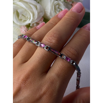 925 Sterling Silver Shiny Opal Pink & White Topaz Bracelet Length 7 Inch