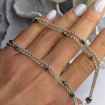 Double Chain 925 Sterling Silver Hematite Necklace Length 18 in