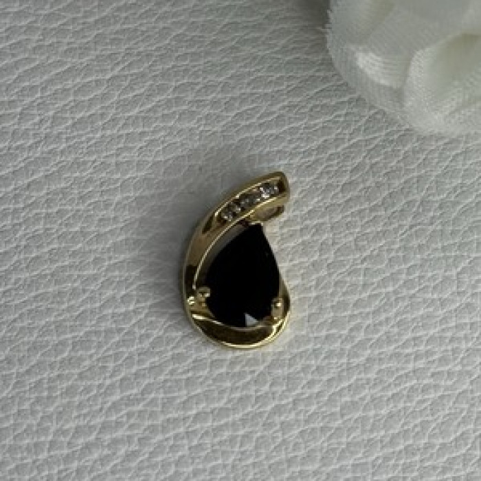 10K Yellow Gold Black Sapphire & Diamonds Pendant Length 0.60 Inch
