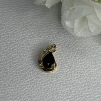 10K Yellow Gold Black Sapphire & Diamonds Pendant Length 0.60 Inch