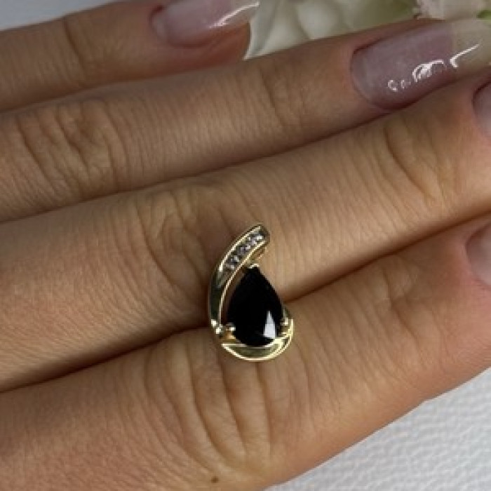 10K Yellow Gold Black Sapphire & Diamonds Pendant Length 0.60 Inch
