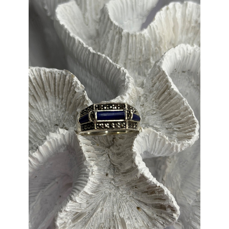 925 Sterling Silver Sodalite & Marcasite Ring Size 9