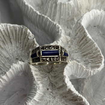 925 Sterling Silver Sodalite & Marcasite Ring Size 9