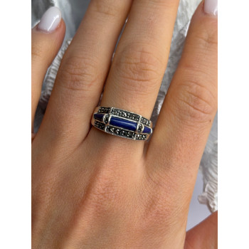 925 Sterling Silver Sodalite & Marcasite Ring Size 9