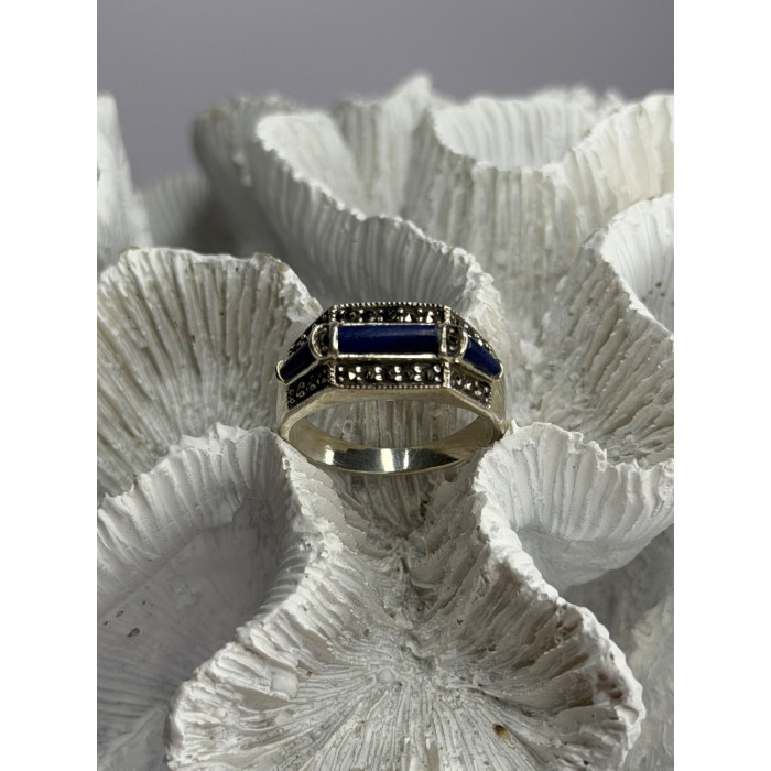 925 Sterling Silver Sodalite & Marcasite Ring Size 9