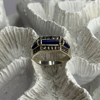 925 Sterling Silver Sodalite & Marcasite Ring Size 9