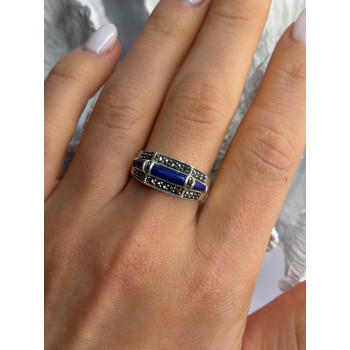 925 Sterling Silver Sodalite & Marcasite Ring Size 9