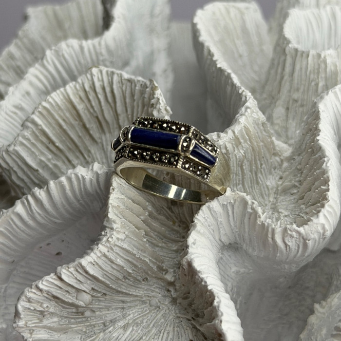 925 Sterling Silver Sodalite & Marcasite Ring Size 9