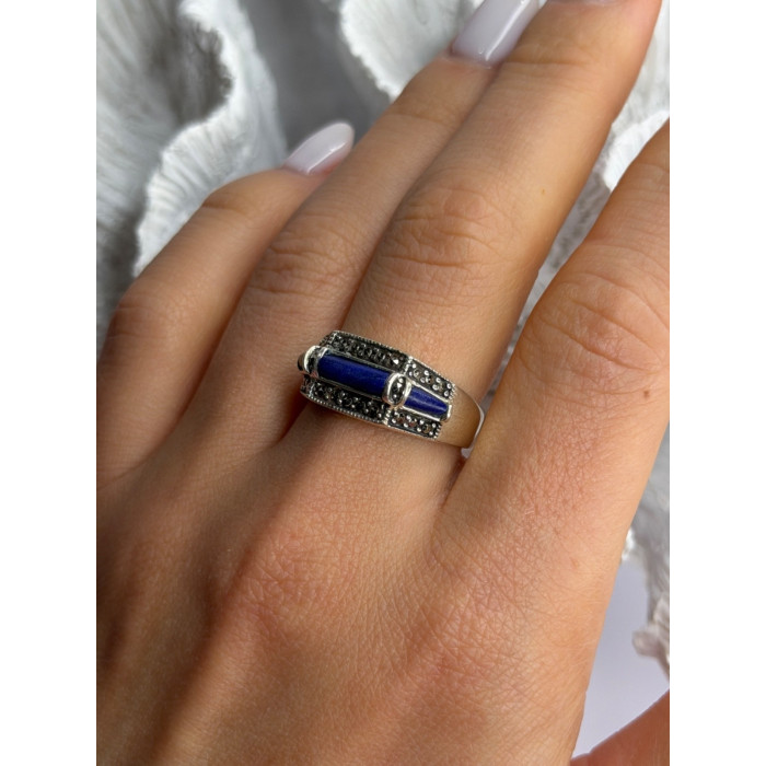 925 Sterling Silver Sodalite & Marcasite Ring Size 9