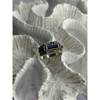 925 Sterling Silver Sodalite & Marcasite Ring Size 9