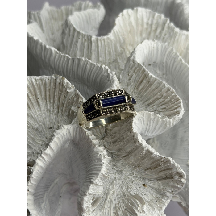 925 Sterling Silver Sodalite & Marcasite Ring Size 9