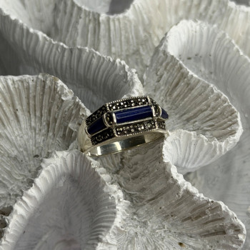 925 Sterling Silver Sodalite & Marcasite Ring Size 9