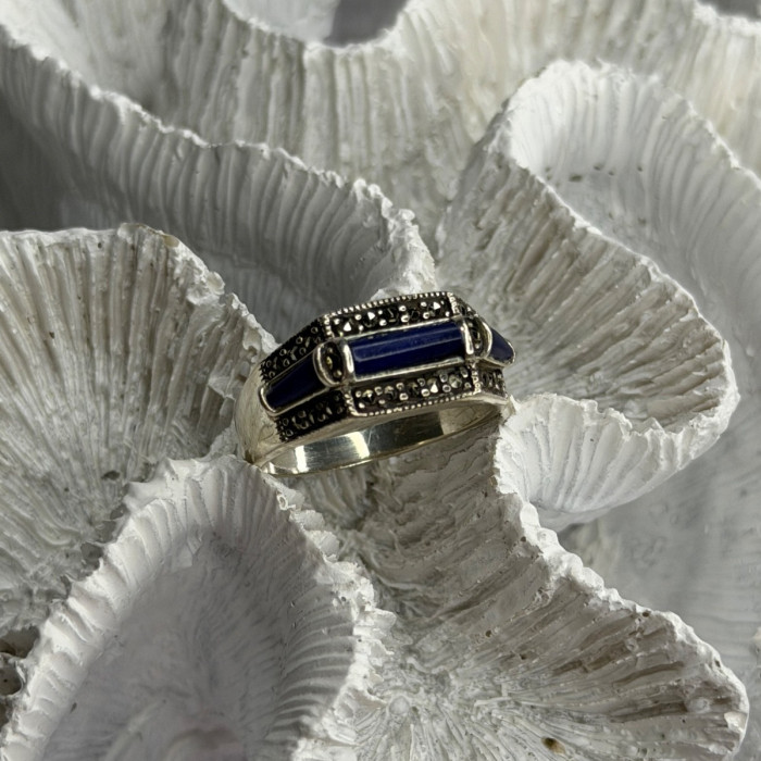 925 Sterling Silver Sodalite & Marcasite Ring Size 9