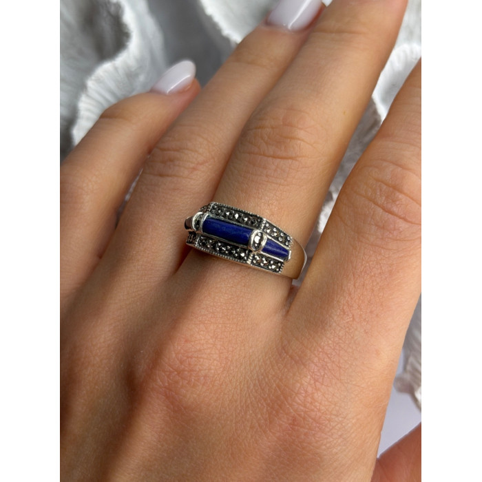925 Sterling Silver Sodalite & Marcasite Ring Size 9