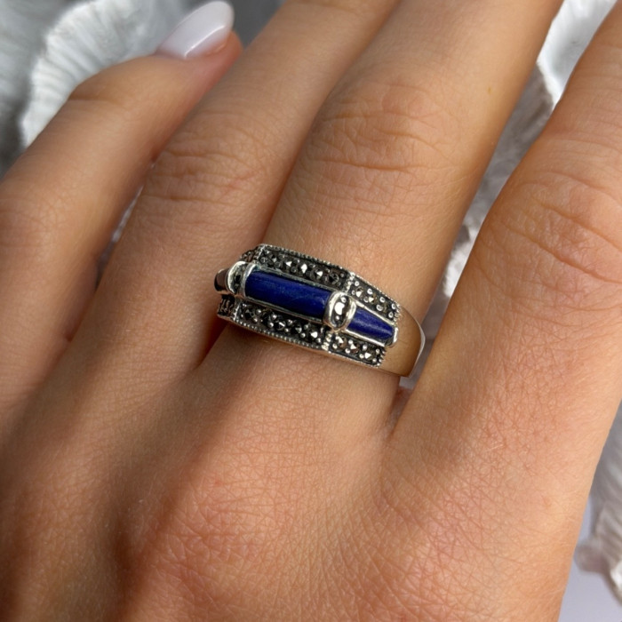 925 Sterling Silver Sodalite & Marcasite Ring Size 9