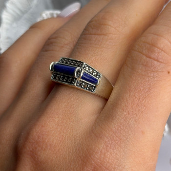 925 Sterling Silver Sodalite & Marcasite Ring Size 9