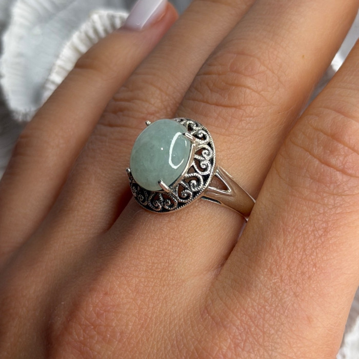 925 Sterling Silver Jadeite Ring Size 9