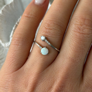 Adjustable 925 Sterling Silver Opal & Beryl Ring