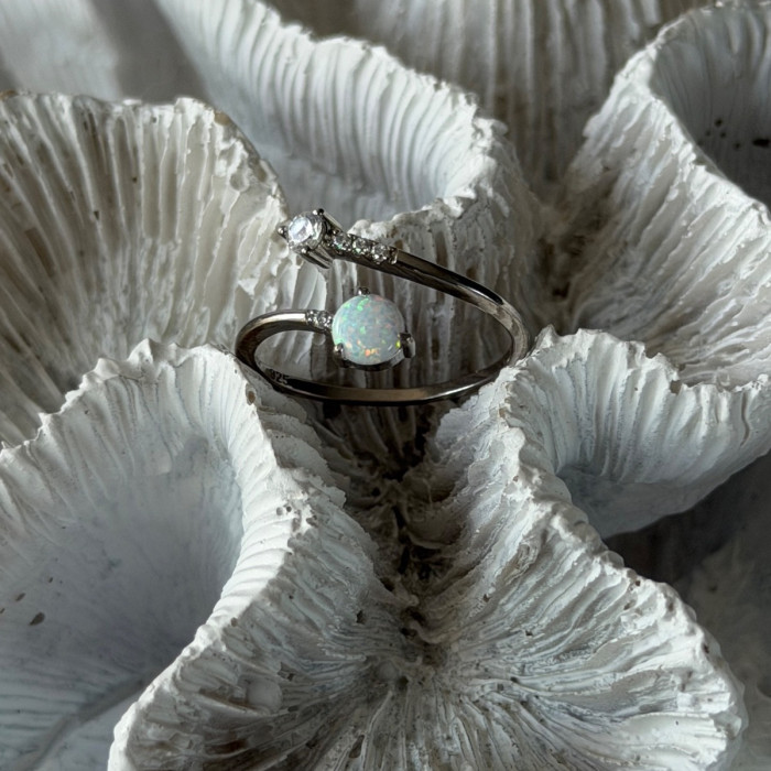 Adjustable 925 Sterling Silver Opal & Beryl Ring
