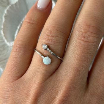 Adjustable 925 Sterling Silver Opal & Beryl Ring