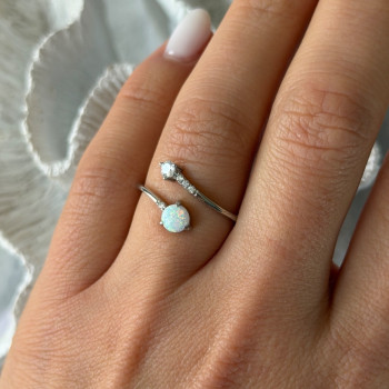 Adjustable 925 Sterling Silver Opal & Beryl Ring