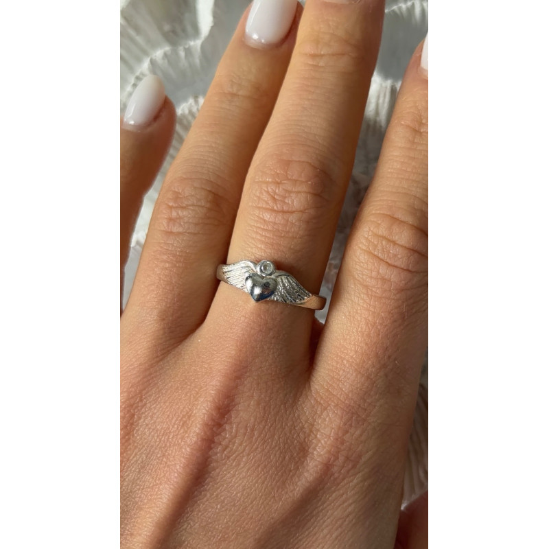 925 Sterling Silver Heart Wings Colorless Topaz Ring Size 9