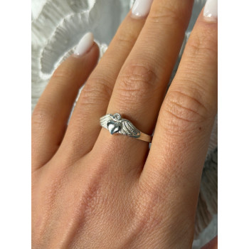 925 Sterling Silver Heart Wings Colorless Topaz Ring Size 9