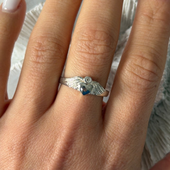 925 Sterling Silver Heart Wings Colorless Topaz Ring Size 9