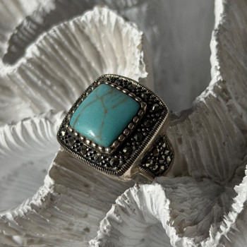 Vintage 925 Sterling Silver Turquoise & Marcasite Ring Size 6
