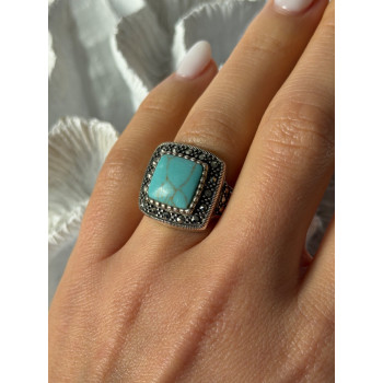 Vintage 925 Sterling Silver Turquoise & Marcasite Ring Size 6
