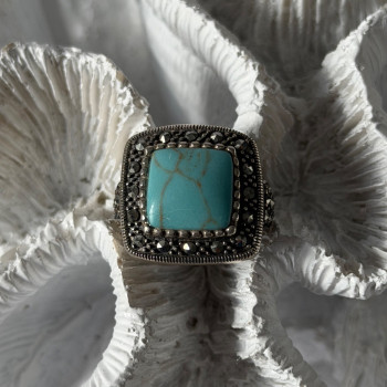 Vintage 925 Sterling Silver Turquoise & Marcasite Ring Size 6