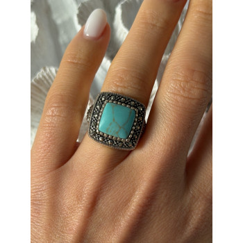 Vintage 925 Sterling Silver Turquoise & Marcasite Ring Size 6