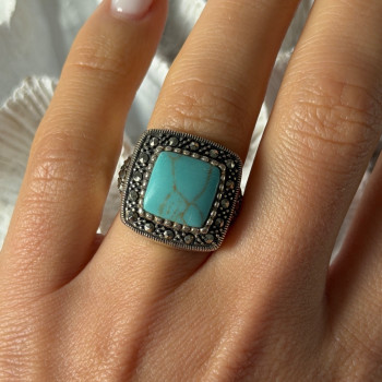 Vintage 925 Sterling Silver Turquoise & Marcasite Ring Size 6